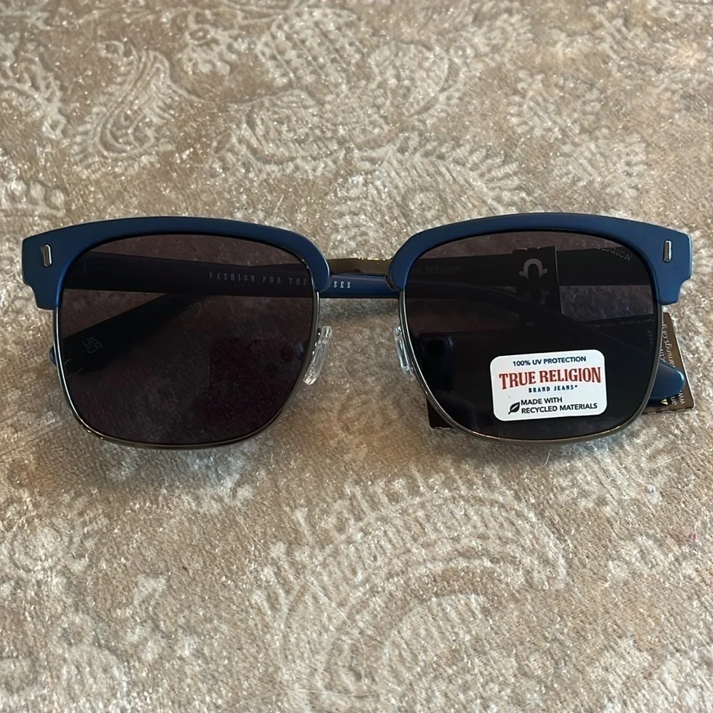 Brand New True Religion Clubmaster Classic Square Metal Sunglasses Blue Accent